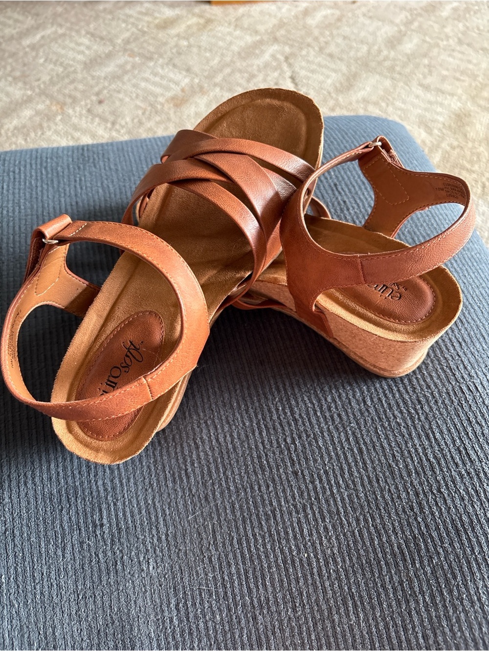Sofft Cognac Brown Leather Crisscross Wedge Sandals